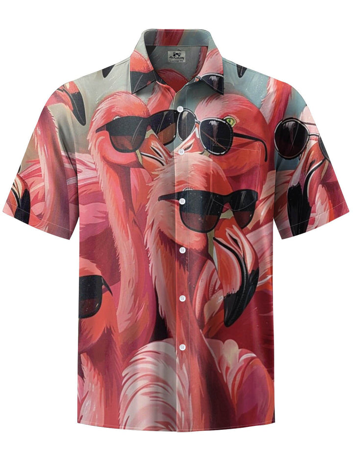 Alohadaddy® Hawaiian Flamingo Print Stretch Large Size Chest Pocket Men&