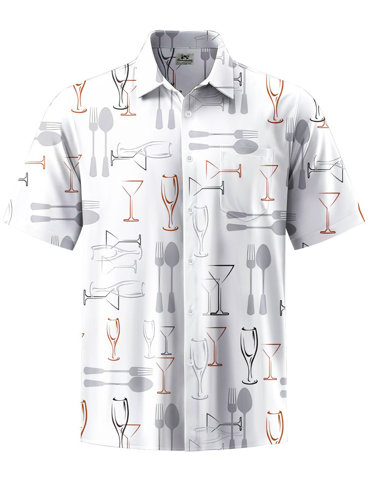 Alohadaddy® Casual Wine Glass Printed Art Chest Pocket Men Short Sleeve Shirt Big &amp; Tall
