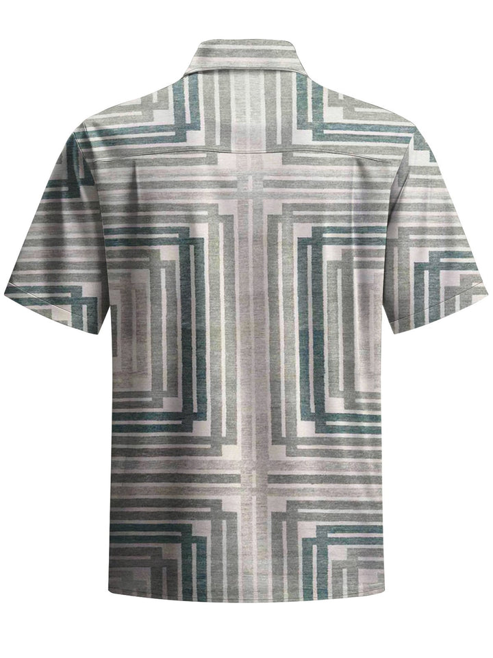 Alohadaddy® Vintage Stripe Geometric Art Print Chest Pocket Men Short Sleeve Shirt Big &amp; Tall