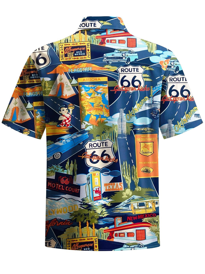 Alohadaddy® Vintage Car Route 66 Print Art Chest Pocket Men&