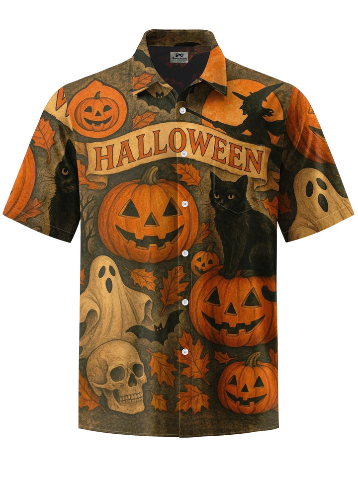 Alohadaddy® Halloween Pumpkin Monster Printed Artwork Chest Pocket Men&