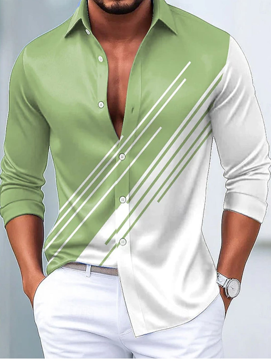 Alohadaddy® Casual Striped Contrast Color Print Glossy Elastic Button Men&