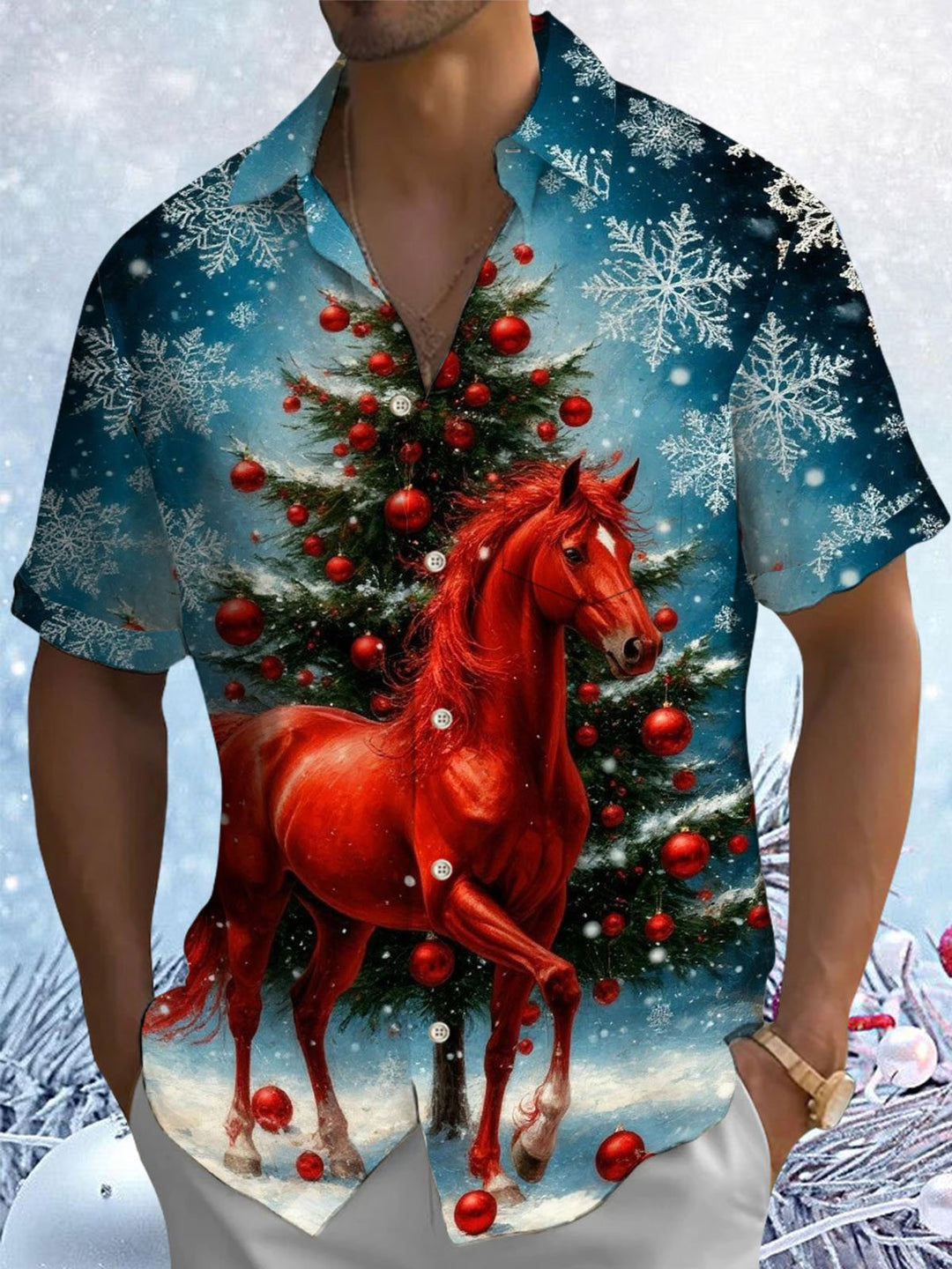 Alohadaddy® Christmas Red Horse Print Pocket Elastic Button Men&