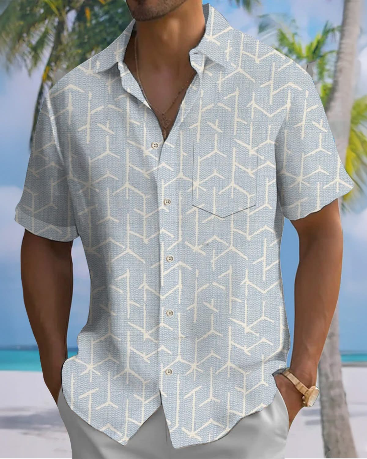 Alohadaddy® Retro Geometric Print Art Pocket Button Stretch Men's Short Sleeve Shirt Big & Tall