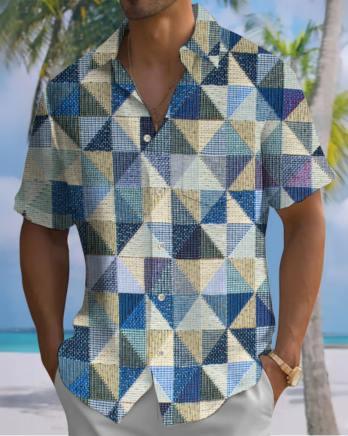 Alohadaddy® Casual Geometric Triangle Gift Art Print Stretch Button Pocket Men's Short Sleeve Shirt Big & Tall