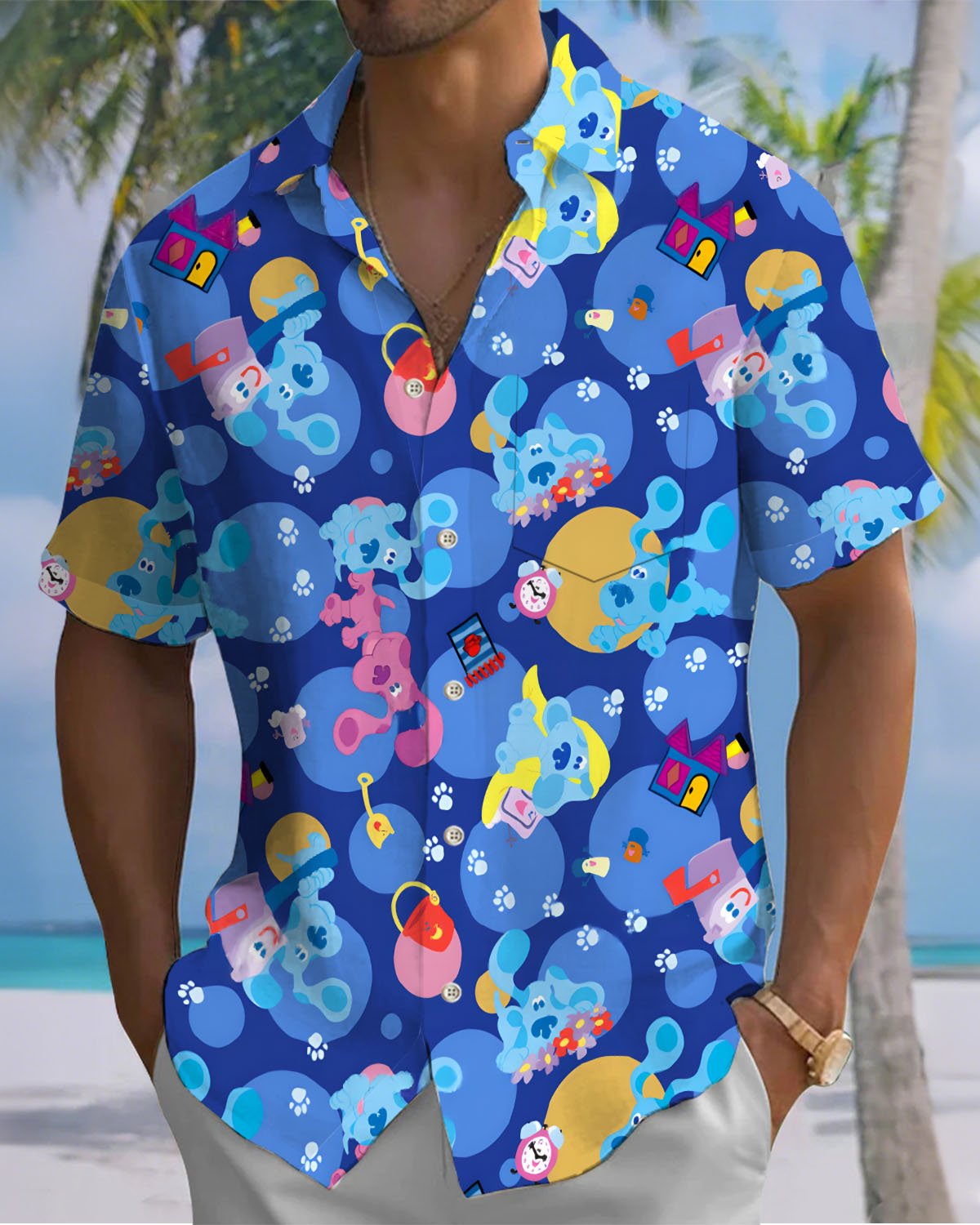 Alohadaddy® Hawaiian Cartoon Dog Print Artistic Elastic Button Pocket Men's Short Sleeve Shirt Big & Tall