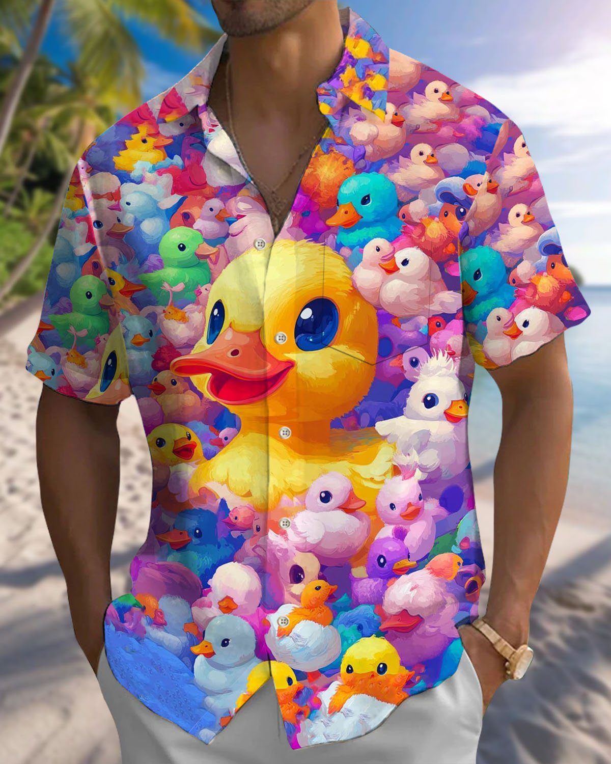 Alohadaddy® Hawaiian Cartoon Duck Print Art Button Pocket Men's Short-Sleeve Shirt Big & Tall