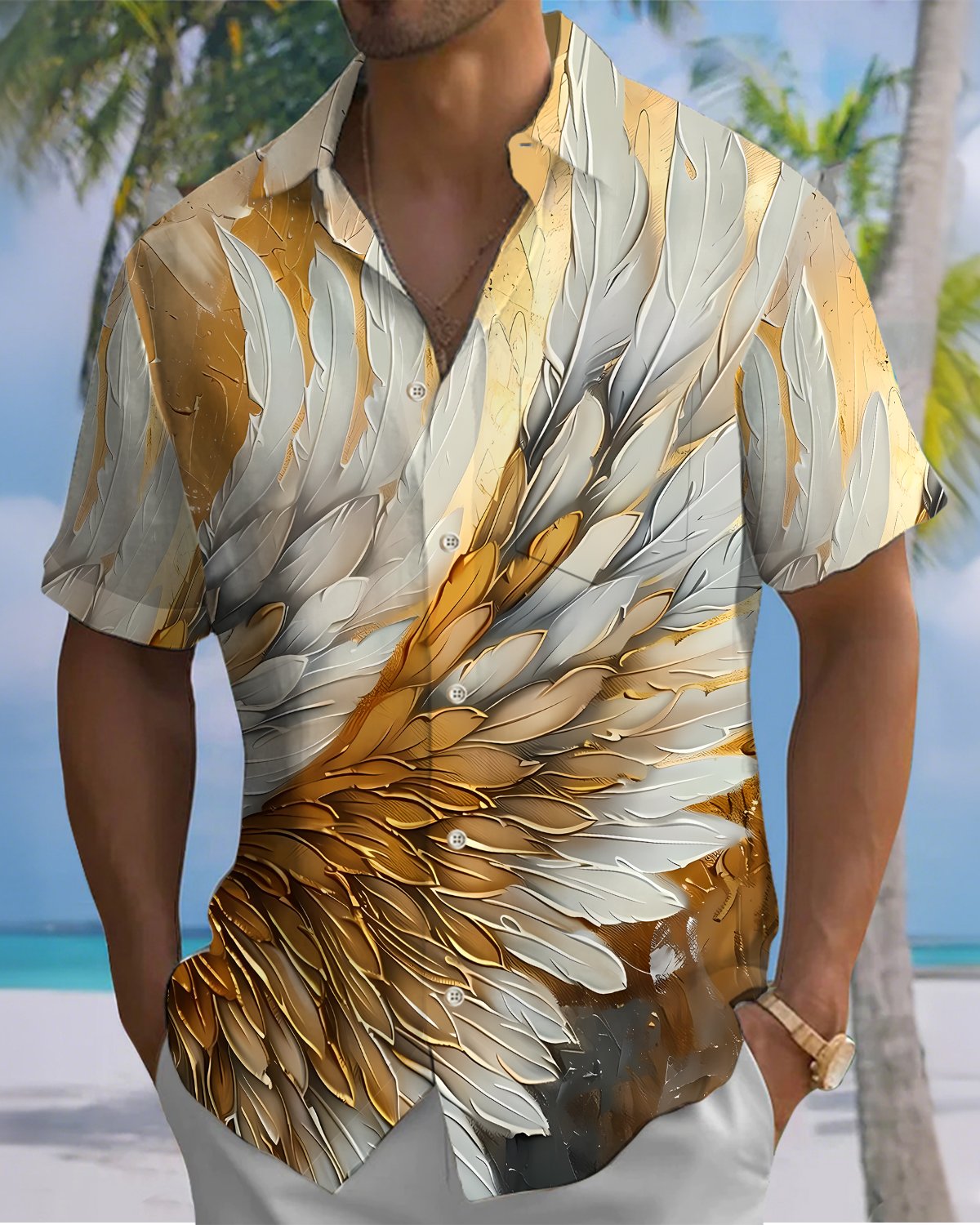Alohadaddy® Men's Short-Sleeve Button-Down Shirt  Vintage Feather Print with Pocket