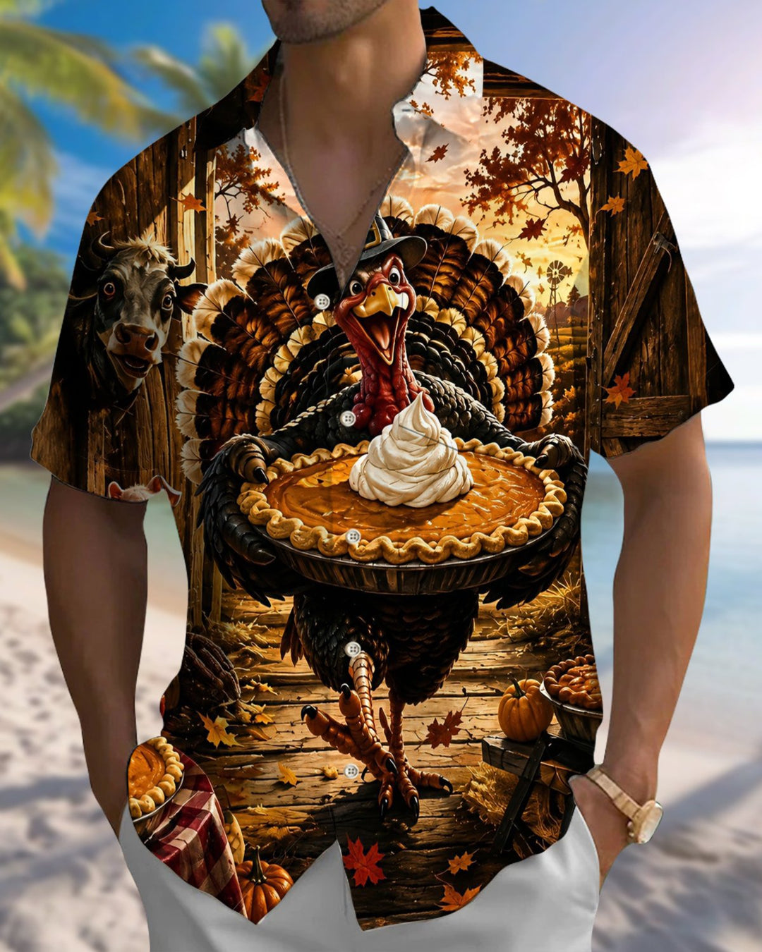 Alohadaddy® Holiday/Thanksgiving Print Button-Down Pocket Cardigan-Style Men&