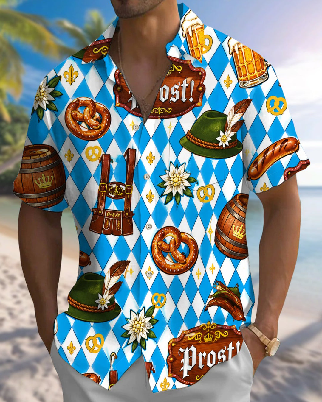 Alohadaddy® Holiday Oktoberfest Print Button-Down Pocket Short-Sleeve Shirt for Men