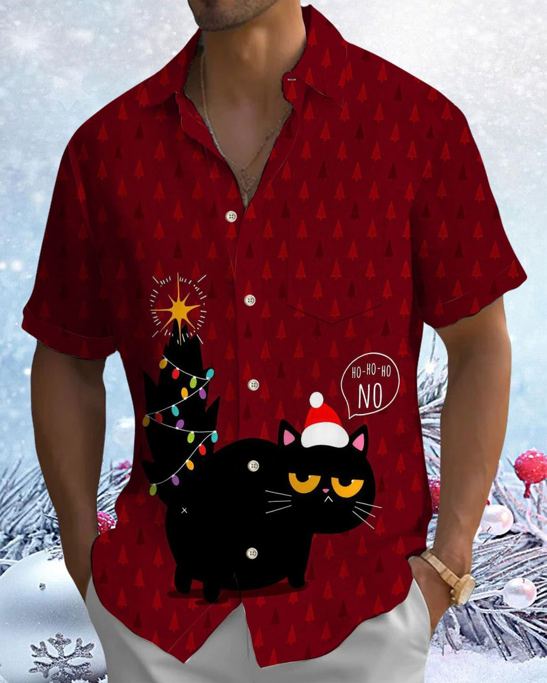 Alohadaddy® Holiday/Christmas Print Button-Down Short-Sleeve Shirt with Pocket for Men