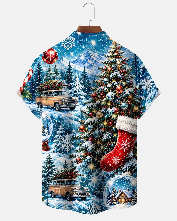 Alohadaddy® Holiday Christmas Tree Print Button-Front Short-Sleeve Cardigan Shirt with Pocket for Men