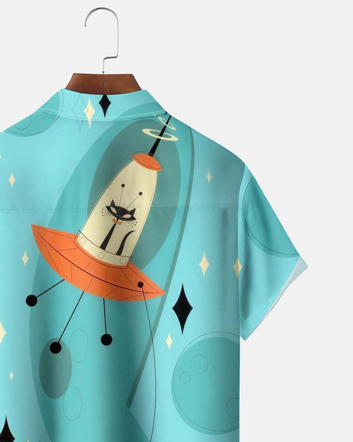 Alohadaddy® Men’s Short-Sleeve Button-Down Shirt  Vintage "Space Atomic Cat" Graphic Print with Pocket