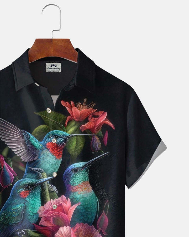 Alohadaddy® Men’s Short-Sleeve Button-Down Shirt Hawaiian-Style Hummingbird &amp; Floral Print with Pocket
