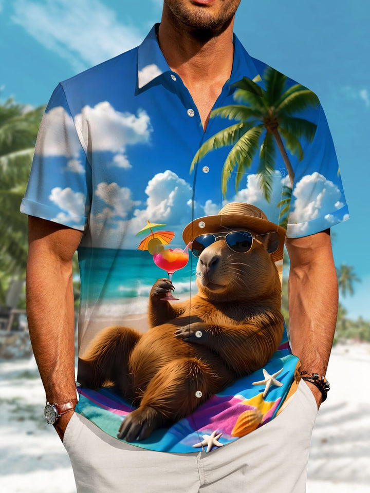 Alohadaddy Casual Hawaii Animals Beach Vacation Print Art Button Cardigan Pockets Stretch Large Size Polyester Short Sleeve Shirt