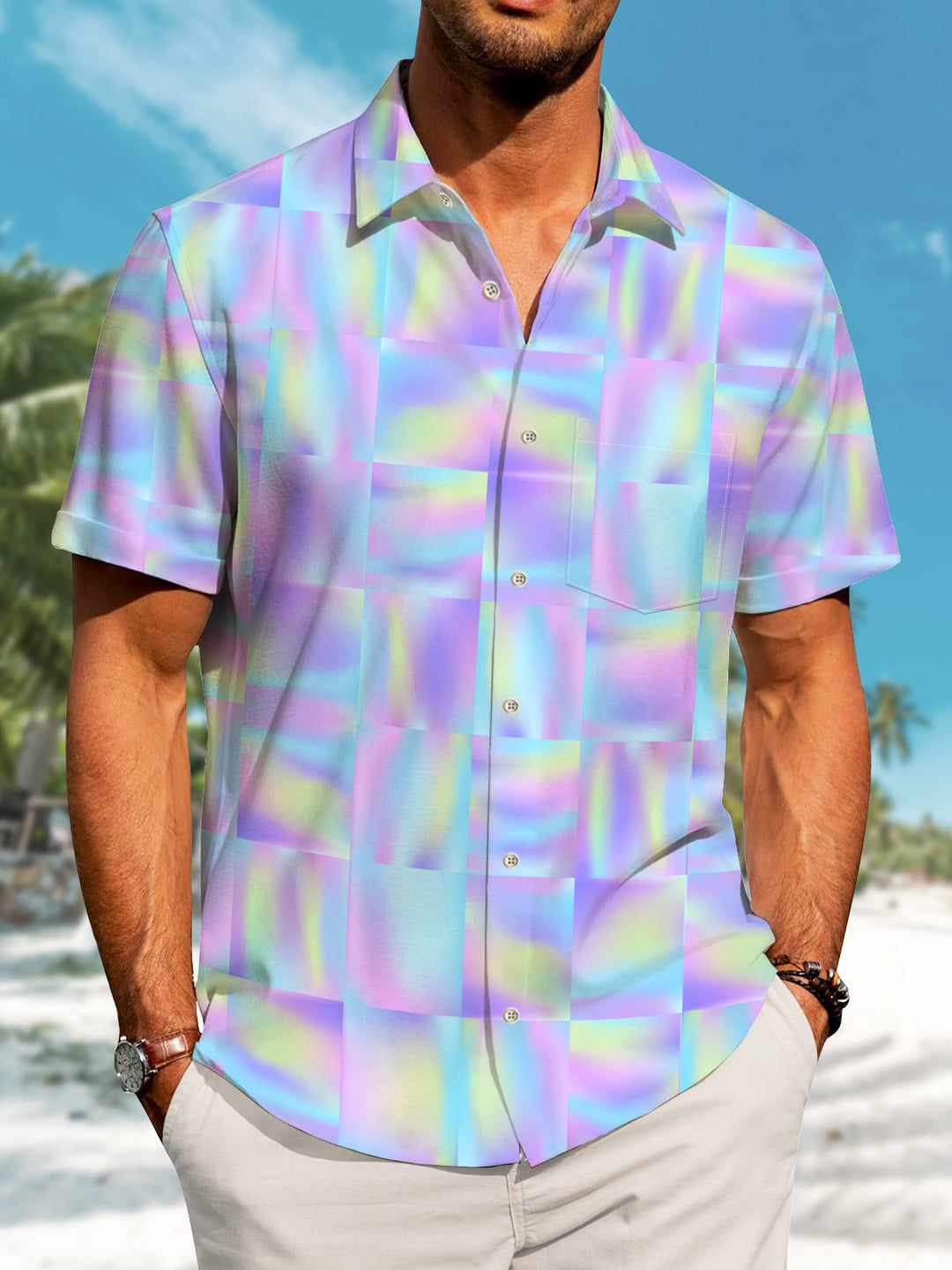 Alohadaddy Hawaiian Geometric Squares Print Art Buttons Cardigan Pockets Stretch Large Size Short Sleeve Shirt