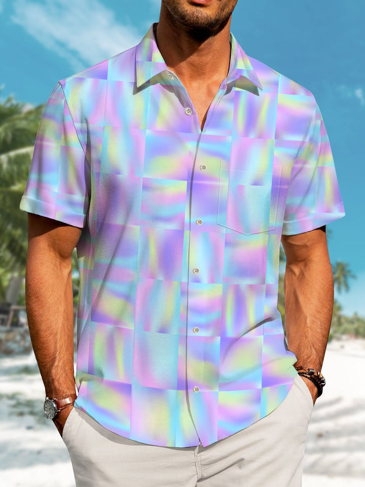 Alohadaddy Hawaiian Geometric Squares Print Art Buttons Cardigan Pockets Stretch Large Size Short Sleeve Shirt