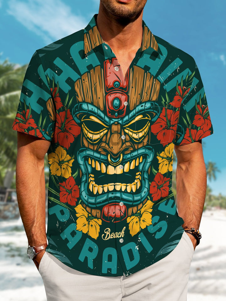 Alohadaddy Casual Hawaiian Mask Button Cardigan Pocket Stretch Long Oversized Short Sleeve Shirt