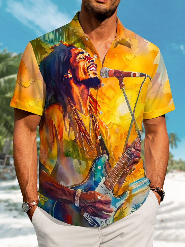 Alohadaddy Hawaiian Retro Oil Painting Concert Print Art Button Cardigan Pocket Elastic Long Large Size Short Sleeve Shirt