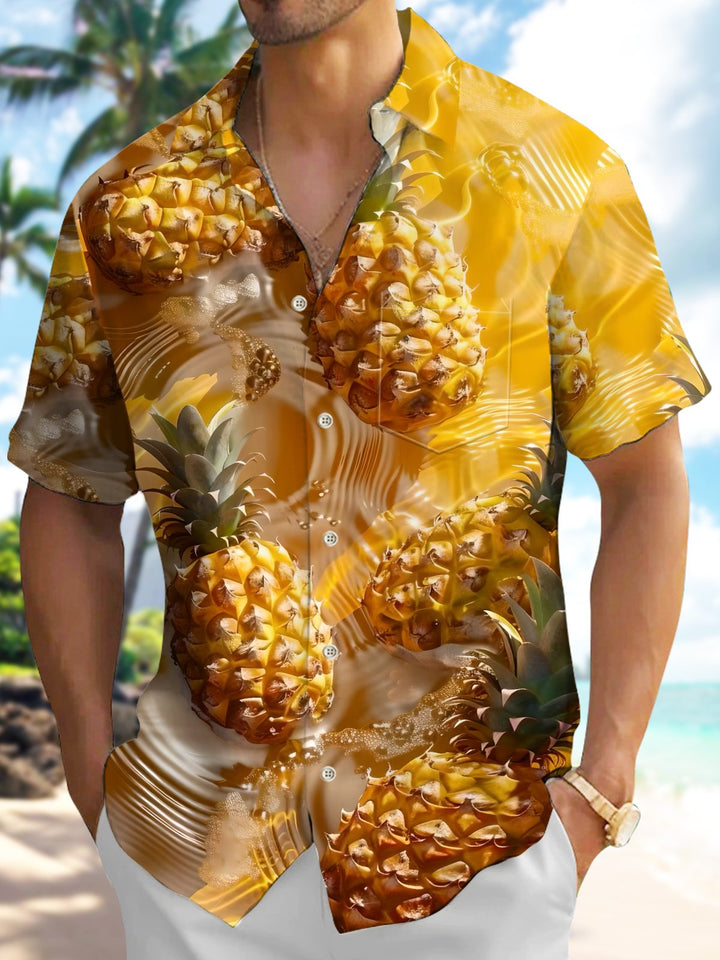 Alohadaddy Casual Collection Hawaiian Pineapple Cool Feeling Print Art Pocket Cardigan Button Polyester Stretch Short Sleeve Shirt