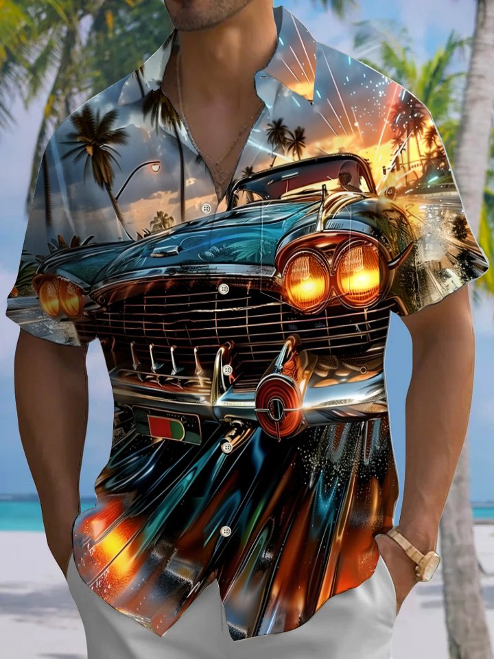 Alohadaddy Hawaii Daily Casual Car Print Art Button Pocket Cardigan Stretch Large Size Short Sleeve Shirt