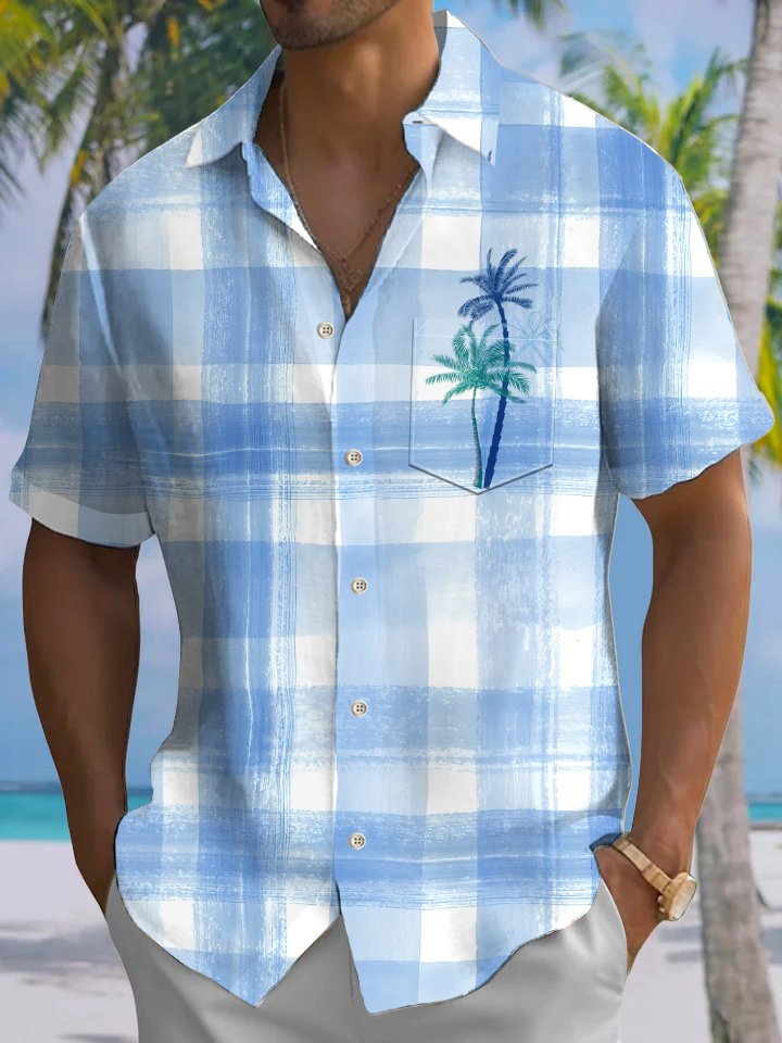 Alohadaddy Casual Everyday Plaid Palm Trees Print Art Stretch Oversized Button Cardigan Polyester Short Sleeve Shirt