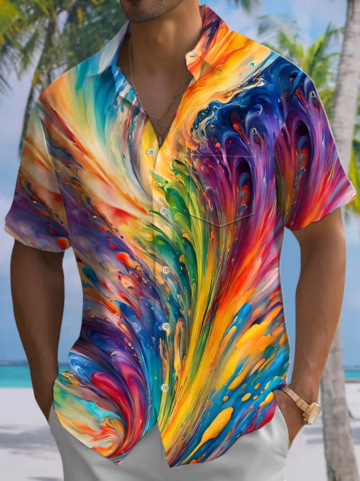 Alohadaddy Casual Daily Oil Painting Abstract Gradient Commuting Print Art Polyester Pocket Cardigan Stretch Long Large Size Short Sleeve Shirt