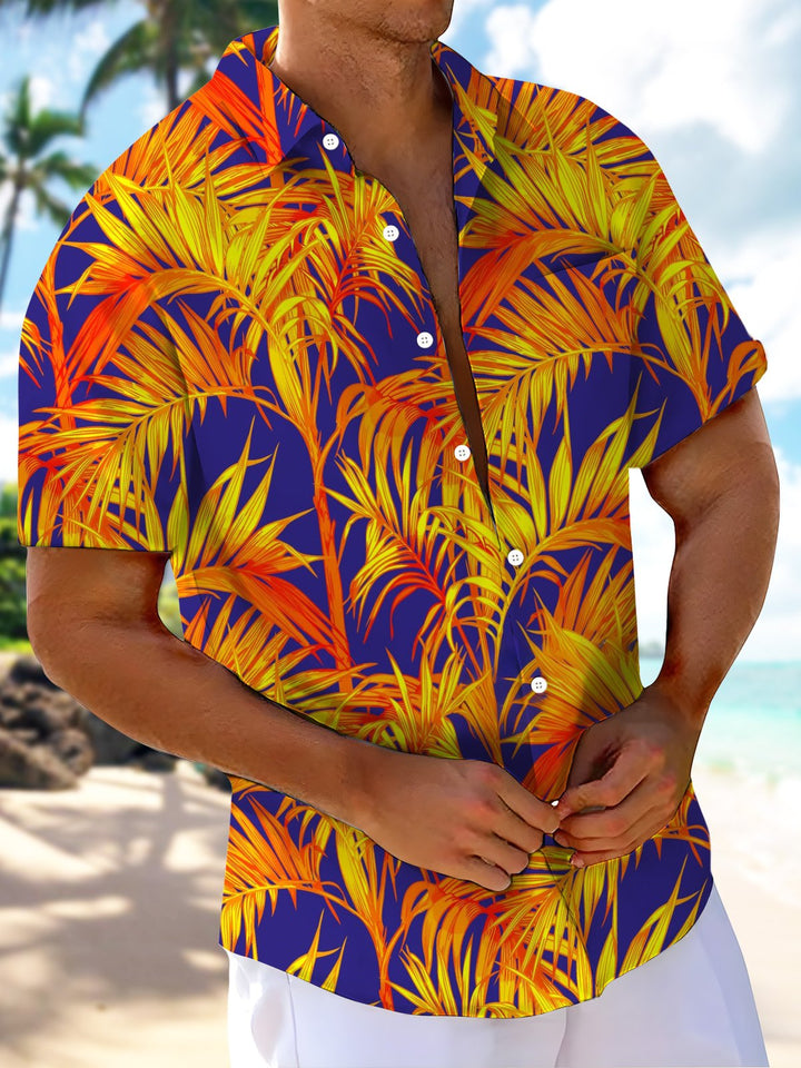 Alohadaddy® Casual Contrast Palm Leaves Ombre Art Print Chest Pocket Moisture Wicking Oversized Long Hawaiian Shirt