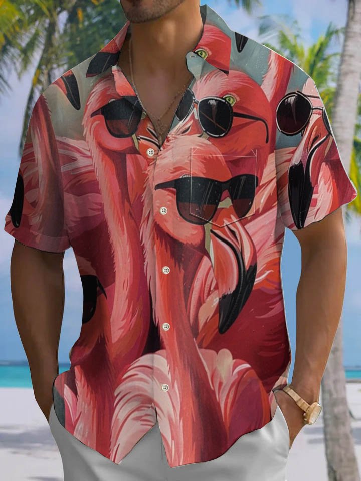 Alohadaddy® Hawaiian Flamingo Print Stretch Large Size Chest Pocket Men&