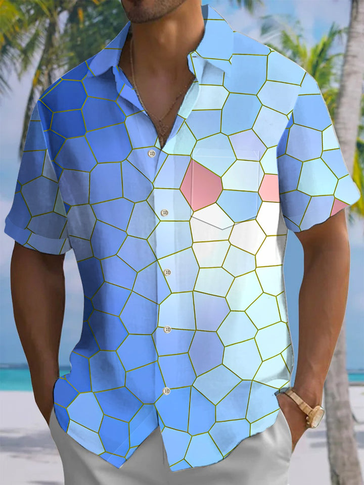Alohadaddy® Hawaiian Geometric Gradient Art Print Chest Pocket Mens Short Sleeve Shirt Big &amp; Tall