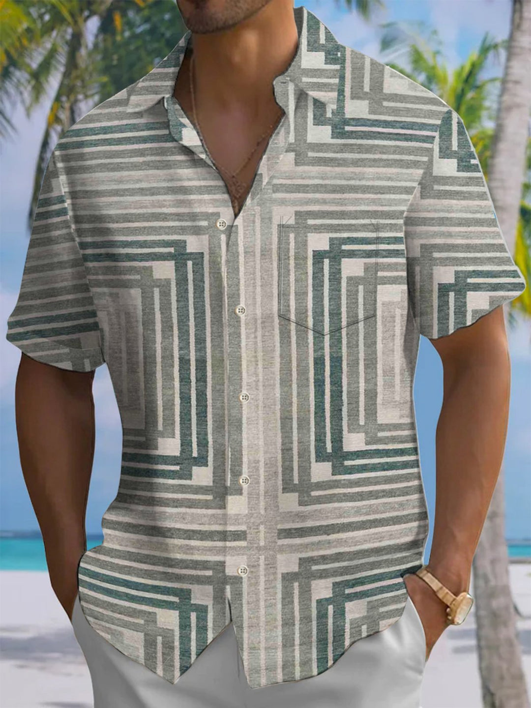 Alohadaddy® Vintage Stripe Geometric Art Print Chest Pocket Men Short Sleeve Shirt Big &amp; Tall
