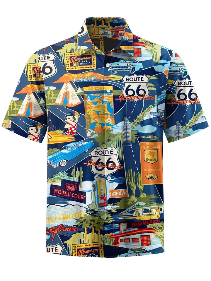 Alohadaddy® Vintage Car Route 66 Print Art Chest Pocket Men&