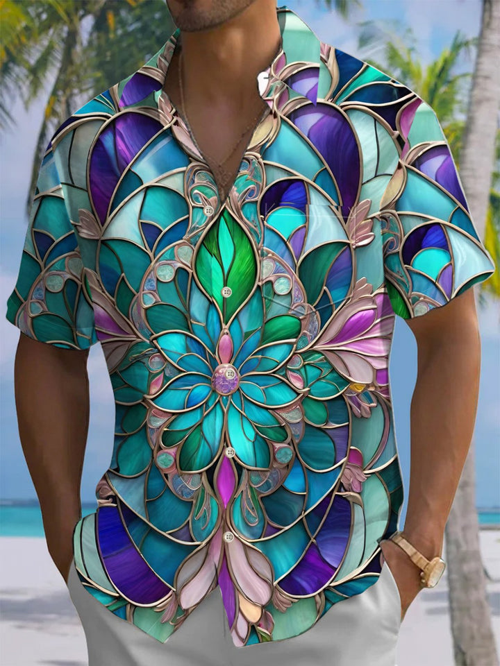 Alohadaddy® Hawaiian Flowers Geometric Art Print Chest Pocket Men&