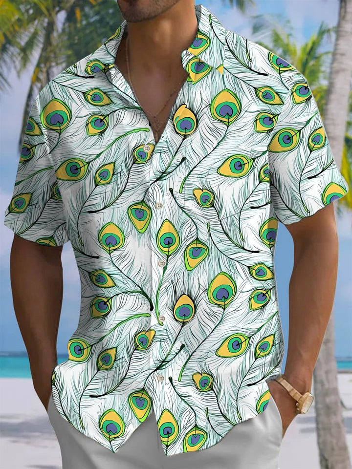 Alohadaddy® Casual Peacock Feather Painting Art Print Chest Pocket Men&