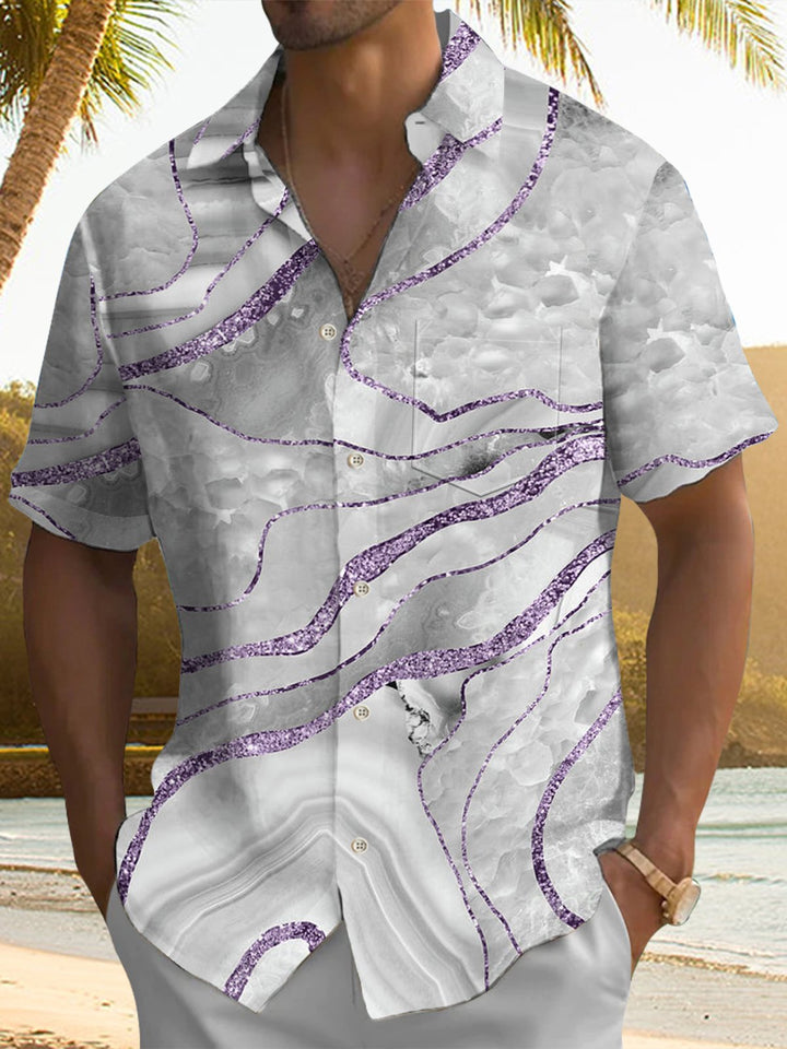 Alohadaddy® Casual Marble Art Print Chest Pocket Stretch Men&