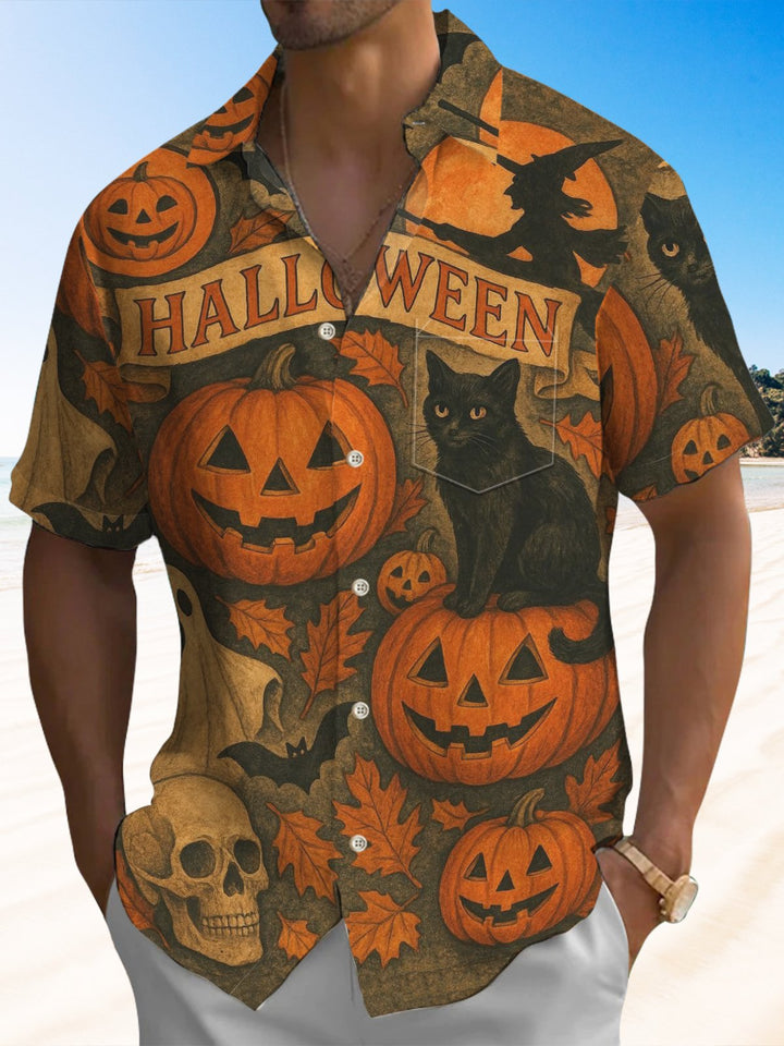 Alohadaddy® Halloween Pumpkin Monster Printed Artwork Chest Pocket Men&