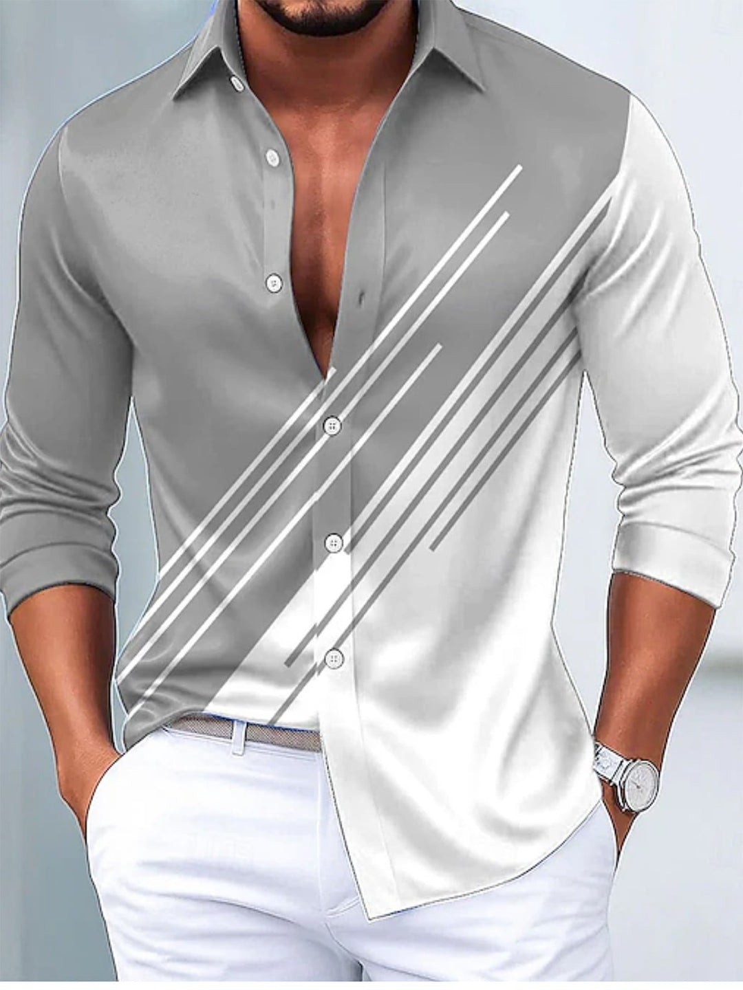 Alohadaddy® Casual Striped Contrast Color Print Glossy Elastic Button Men&
