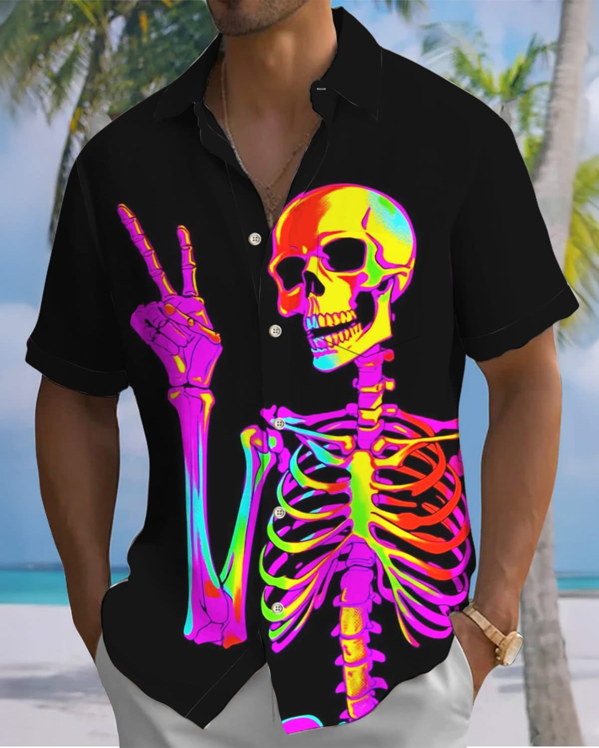 Alohadaddy® Vintage Colorful Skull Print Pocket Button Men's Short Sleeve Shirt Big & Tall