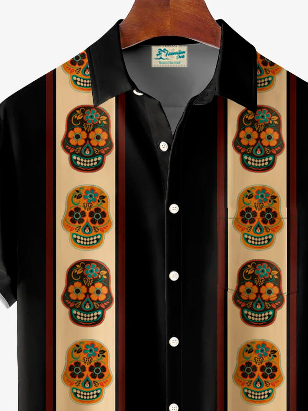 Camisa de manga corta con bolsillo abotonado y estampado 3D de calavera de bolos retro de Alohadaddy para hombre, talla grande y alta