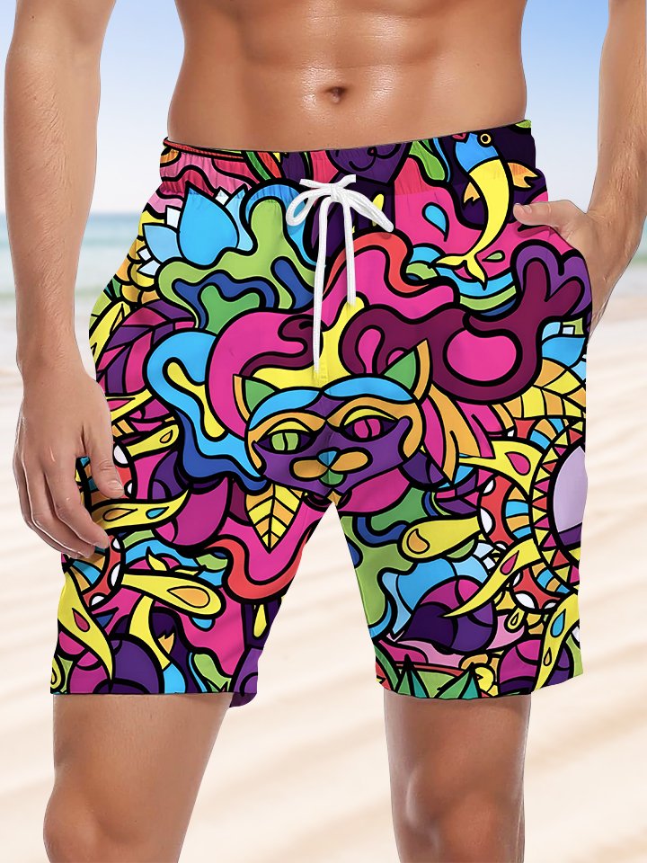 Alohadaddy Hawaiian Colorful Graffiti Print Art Elastic Waist Stretch Large Size Long Men&
