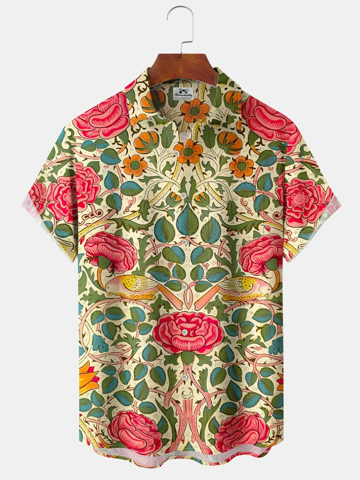 Alohadaddy® Casual Floral Art Print Chest Pocket Stretch Hawaiian Short Sleeve Shirt Big &amp; Tall