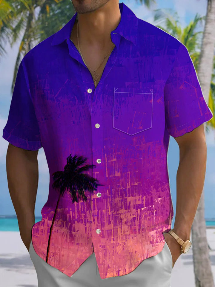Alohadaddy® Hawaii Ombre Palm Trees Art Print Chest Pocket Mens Short Sleeve Shirts Big &amp; Tall