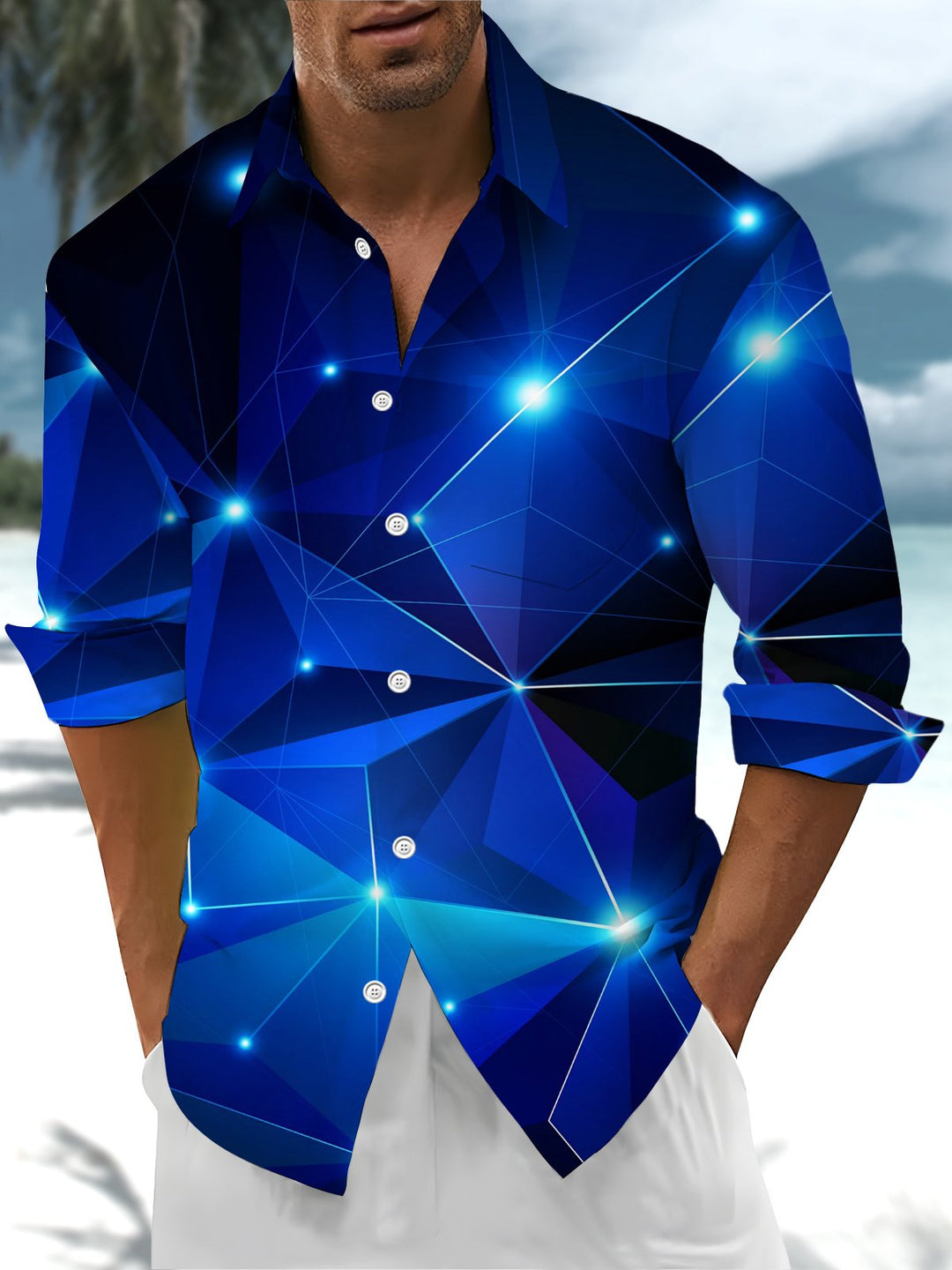 Alohadaddy® Casual Geometric Art Print Chest Pocket Men&