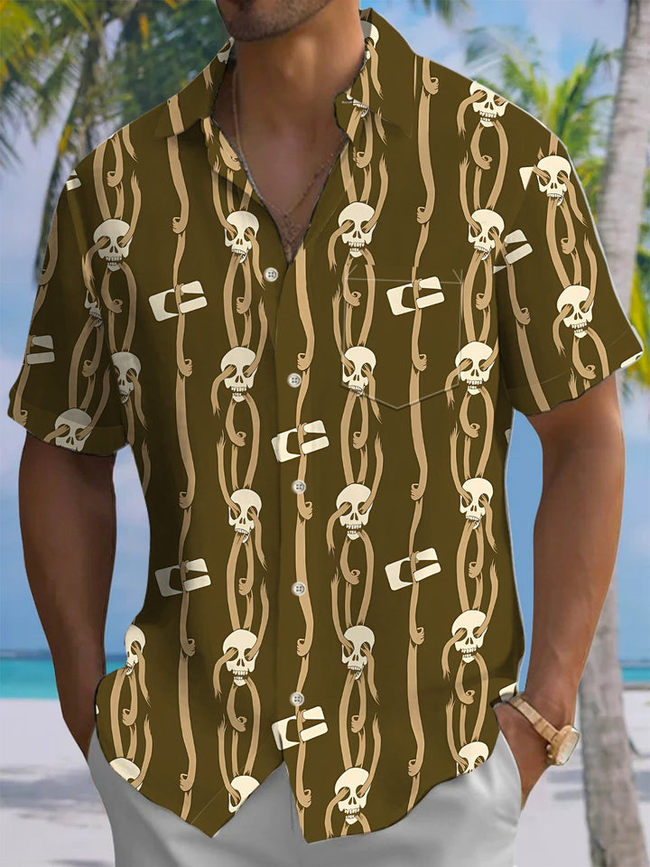 Alohadaddy® Casual Vintage Skull Print Art Chest Pocket Men&