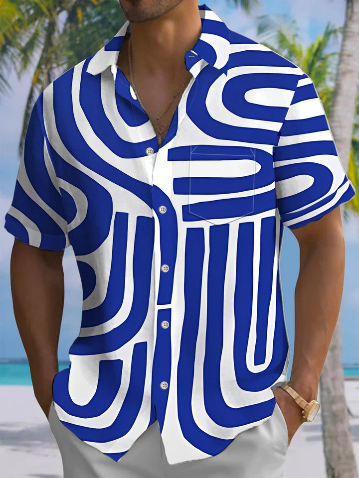 Alohadaddy® Casual Geometric Stripe Art Print Moisture-Wicking Chest Pocket Men&