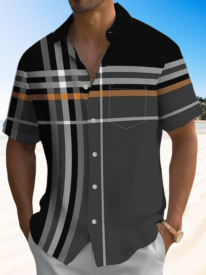 Alohadaddy® Casual Striped Colorblock Printed Artwork Chest Pocket Men&