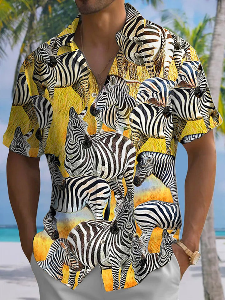 Alohadaddy® Casual Allover Zebra Art Print Chest Pocket Men&