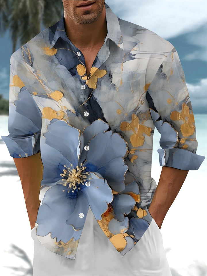 Alohadaddy® Casual Abstract Flower Art Print Chest Pocket Men&