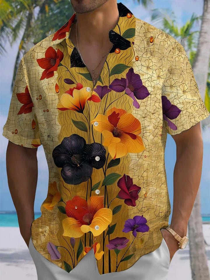 Alohadaddy® Vintage Floral Art Print Chest Pocket Stretch Men&
