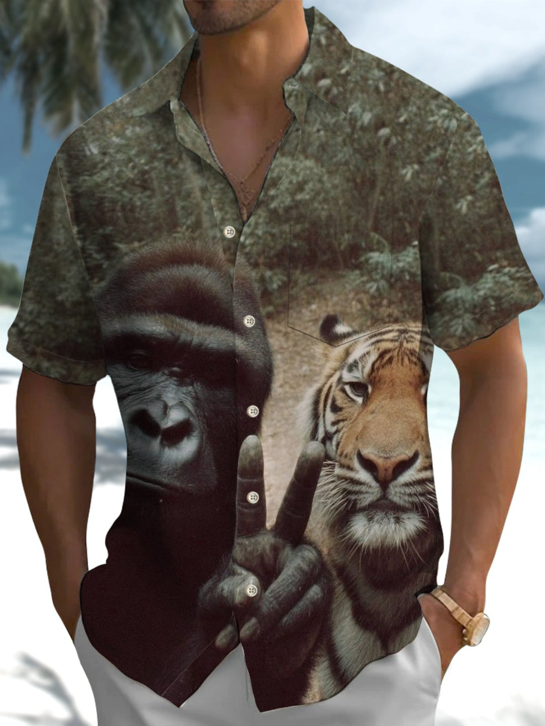 Alohadaddy® Vintage Tiger Gorilla Pocket Button Stretch Men&